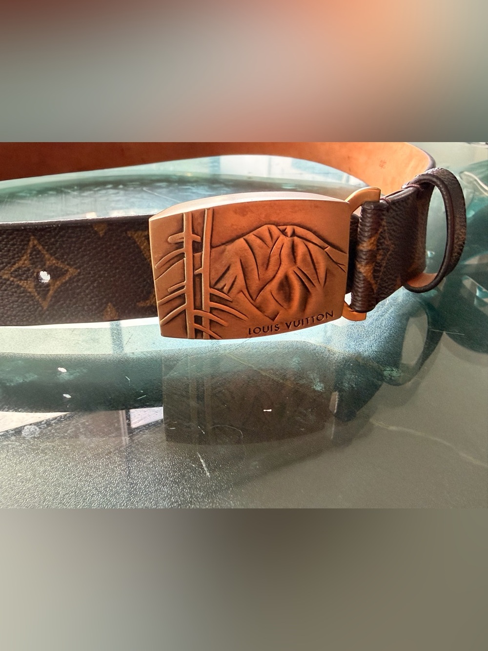 Louis Vuitton Brown Monogram Leather Belt with Gold Buckle